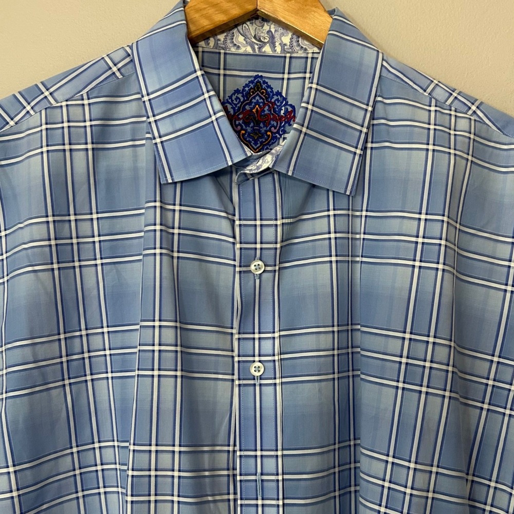 Robert Graham Shirt Mens 2XL Blue Plaid Short Sleeve Button Down Cotton Luxury